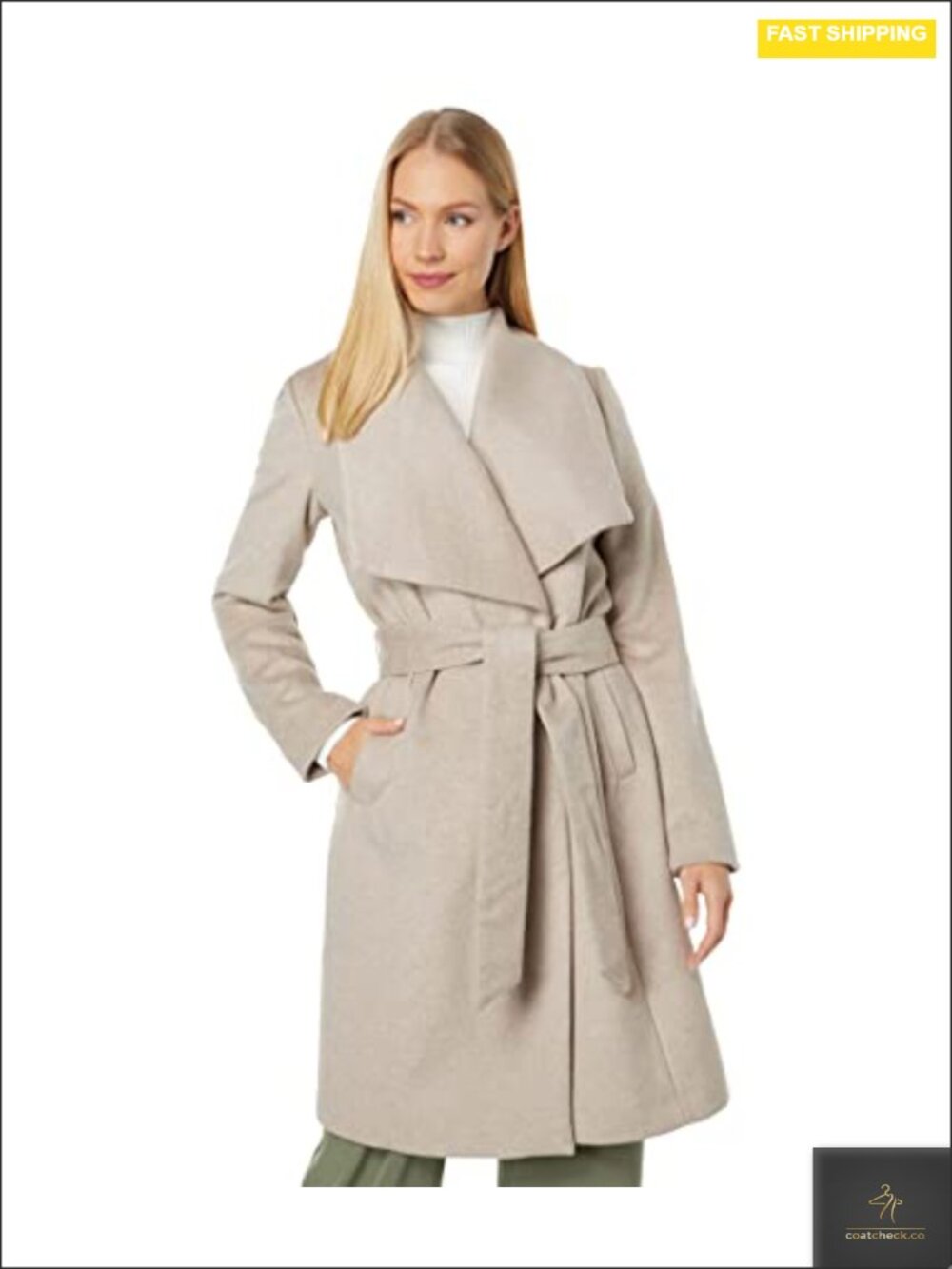 Wool Blend Wrap Coat with Belt & Snap Closure
